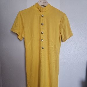 Vintage Yellow Dress Gold Buttons & Mandarin Collar